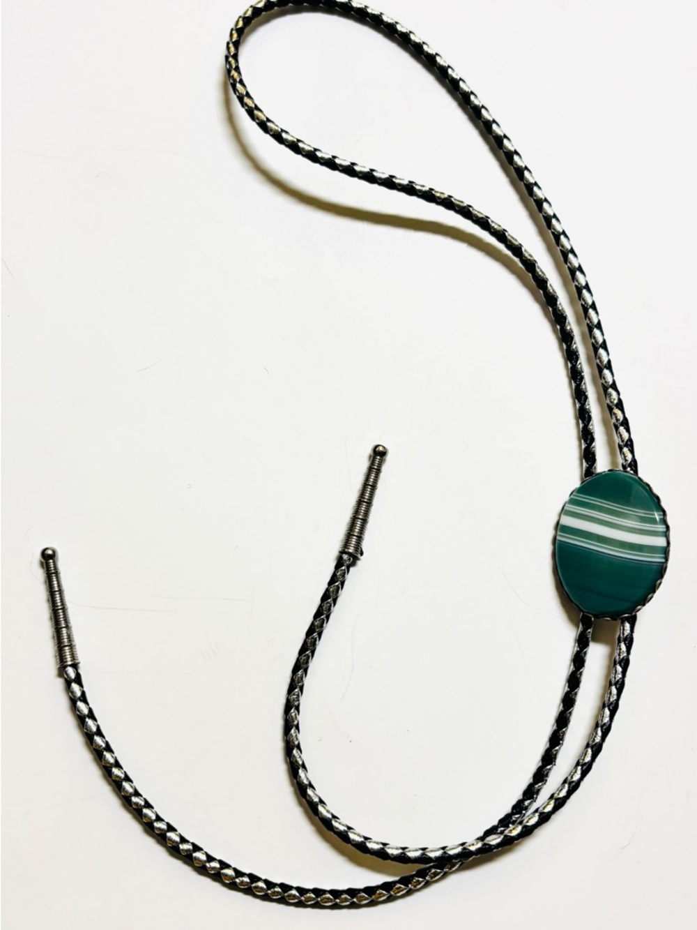 Bolo Tie Teal Southwestern Banded Agate Stone and  Leather